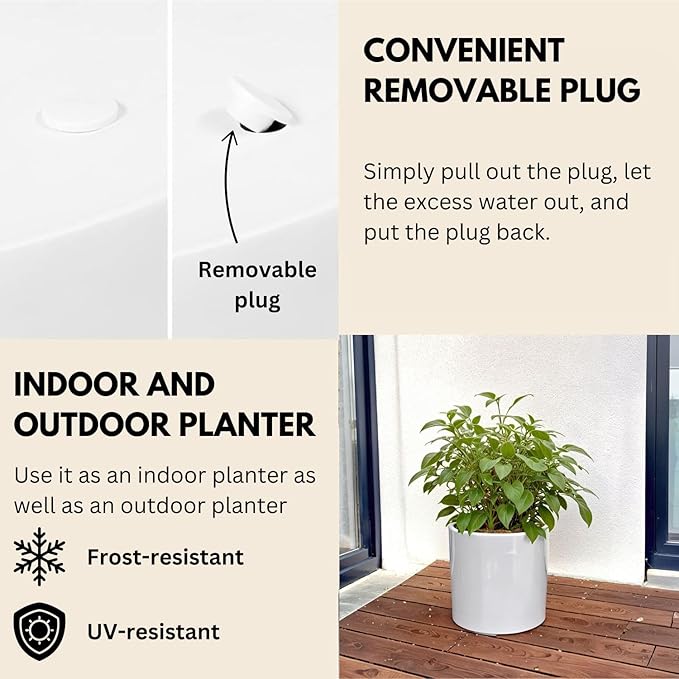 Fox & Fern 10 Inch Plant Pot with Drainage Plug — Premium Lightweight Fiberstone Glossy White Planter; Indoor & Outdoor Planter; 10 Inch Pots for Plants; Weather Resistant & UV Resistant