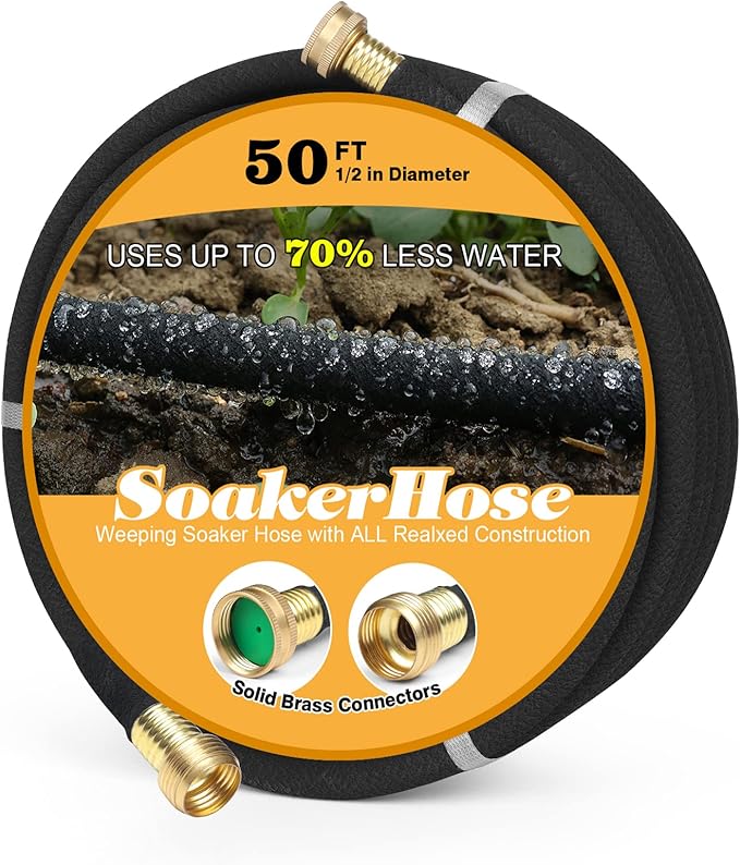 Soaker Hose 50ft for Garden Beds, Solid Brass Interface Irrigation Save 70% Water Heavy Duty Rubber 1/2" Diameter Great for Gardens/Flower Beds