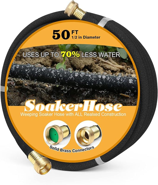 Soaker Hose 50ft for Garden Beds, Solid Brass Interface Irrigation Save 70% Water Heavy Duty Rubber 1/2" Diameter Great for Gardens/Flower Beds