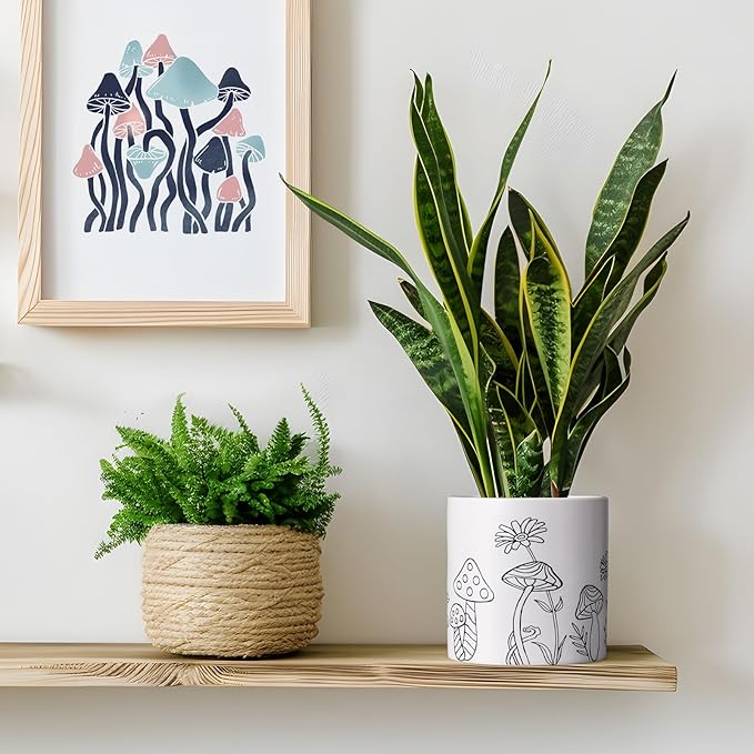 Mushroom Ceramic Plant Pot Set of 2, 5 Inch Modern Stylish White Round Flower Pots with Drainage Holes, Planter Decor for Indoor-Outdoor Plants Spider Plant, Pothos, Gift for Woman and Friends