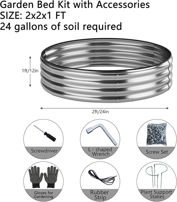 Galvanized Metal Planter Round Raised Garden Bed Kit for Gardening Outdoor，2x2x1ft 2pc Grow Garden Box Raised Flower Bed，Round Galvanized Planter Outdoor Metal Fire Pit Ring