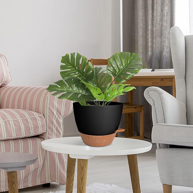 Planters for Indoor Plants 3 Pack, 10/9/8 Inch Self Watering Flower Pots with Drainage Hole, Plastic Large Plant Pots (Black)