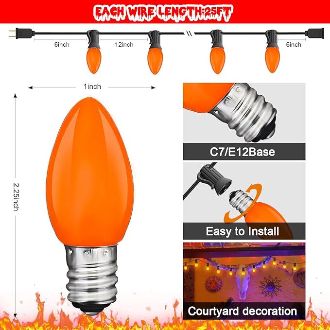 C7 LED Outdoor Halloween Lights 25Ft Orange Christmas String Lights with 27 Shatterproof Orange LED Bulbs, Hanging Outdoor Patio Lights for Christmas Halloween Party Patio Wedding Holiday Decoration