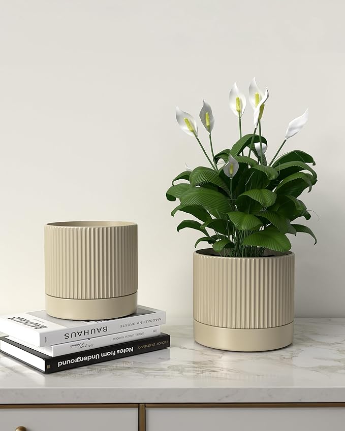Ceramic Planter Pots Indoor with Drainage Hole & Saucer,Including Stand,7.3 Inch Mid-Century Modern Cylinder Plant Pot for Snake Flower Leaf Khaki
