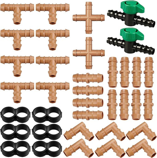 Drip Irrigation Fittings Kit for 1/2" Tubing, 36 Pieces 1/2 Inch Drip Line Connectors for Drip Sprinkler Systems - 12 Couplings, 8 Tees, 6 Elbows, 6 End Caps, 2 Cross connectors and 2 drip valves