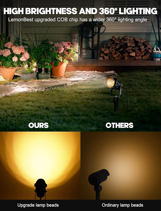 LemonBest 12W Landscape Lighting LED Outdoor Spotlight 120V AC Waterproof Landscape Lights Warm White Spot Lights for Yard Garden Decorative Lawn Lamp Flag Light with Spiked Stake, 4 Packs