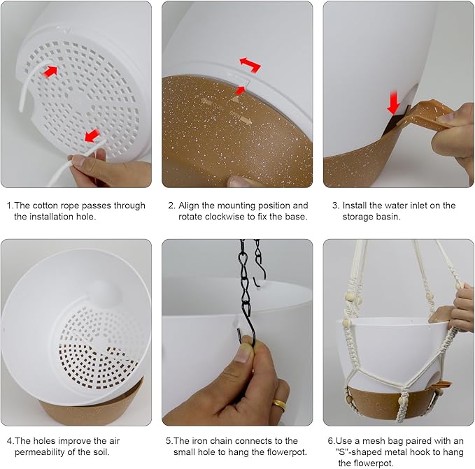 Self Watering Hanging Planters 10 inch, 2 Pack Hanging Baskets for Indoor Outdoor Plants, Hanging Flower Pots with Drainage Holes & 2 Kinds of Plant Hangers for Garden Home Décor, White Brown