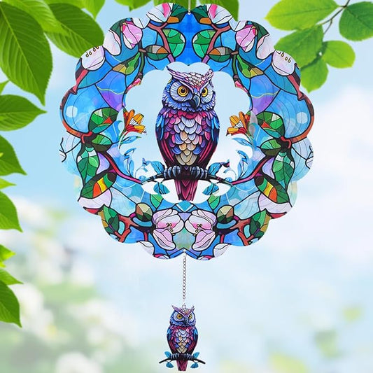 Wind Spinners Outdoor, FACIACC Owl Metal 3D Hanging Garden Decor, 12-inch Stainless Steel Wind Spinner with Tail Spinner, Wind Sculptures for Indoor Patio Lawn Yard, Ornament Gift for Women/Men