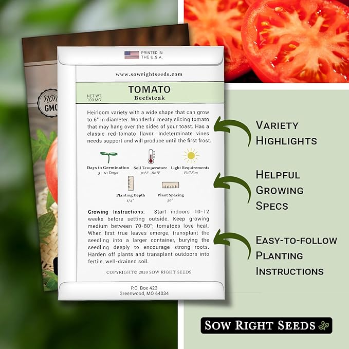 Sow Right Seeds - Beefsteak Tomato Seeds for Planting - Non-GMO Heirloom Packet with Instructions to Plant a Home Vegetable Garden - Indeterminate, Super Large and Bright Red Fruits (4)