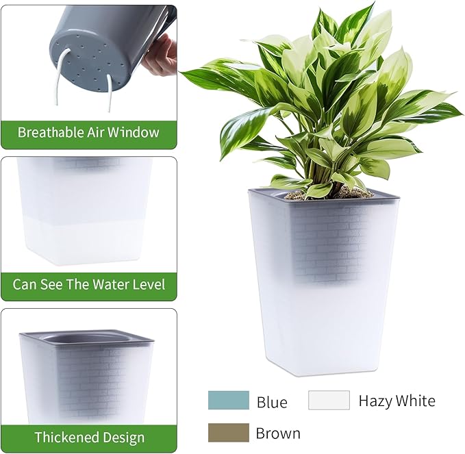 Self Watering Planter 4 Pieces 6 Inch, Plastic Flower Pots with Inner Pot Indoor Plants Brick Pattern Flowerpot for Indoor Plants, African Violets, Flowers, Herbs