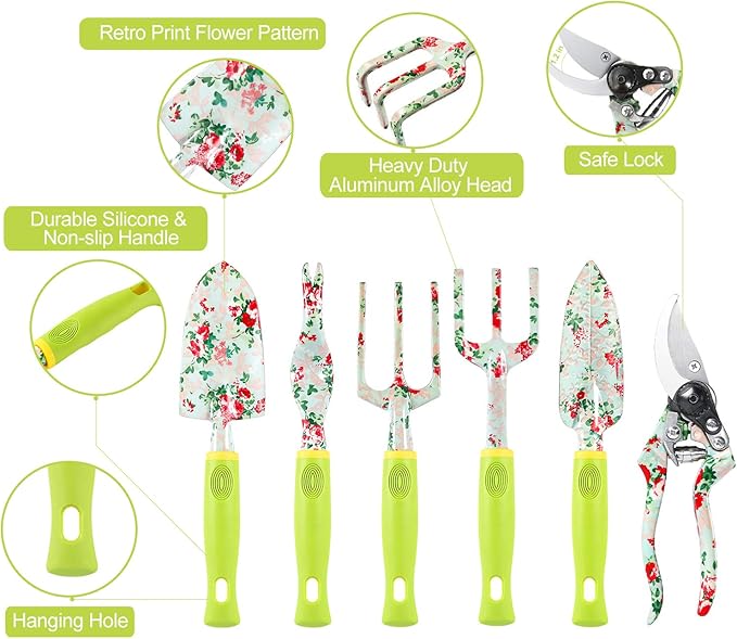 Gardening Tool Set - 13 PCS Heavy Duty Aluminum Gardening Tools Kit Floral Print Garden Tool Set with Non-Slip Rubber Handle & Durable Storage Tote Bag Gardening Supplies Gifts for Women Men