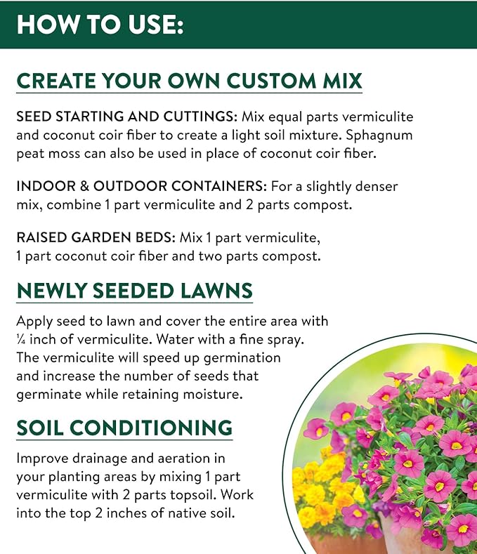 Burpee Organic Horticultural Add to Potting Soil | Ideal for Seed Starting, Water Retention and Plant Propagation | 100% Natural | 8 Quart, 1-Pack, Vermiculite (8qt)