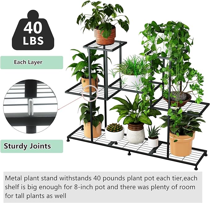 Metal Plant Stand, 5 Tiers Multifunctional Plant Stands for Indoor Plants, Decorative Black Steel Plant Shelf for Indoor Patio Garden Balcony and Yard (4 tiers 12 pots)