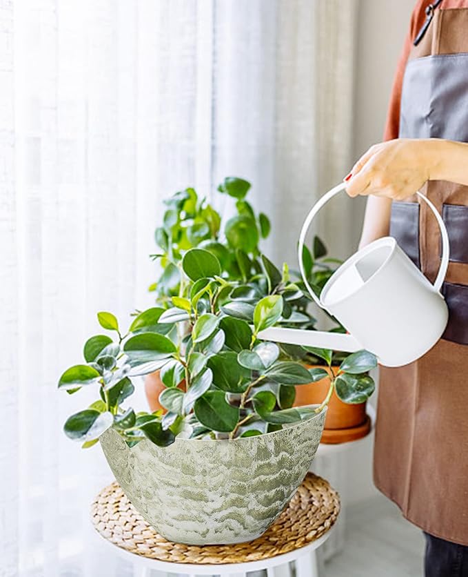 LaDoVita Plant Pots with Drainage Holes, 12 Inch Oval Planters for Indoor Plants, Plastic Flower Pots Outdoor, Set of 2 Pack, Green