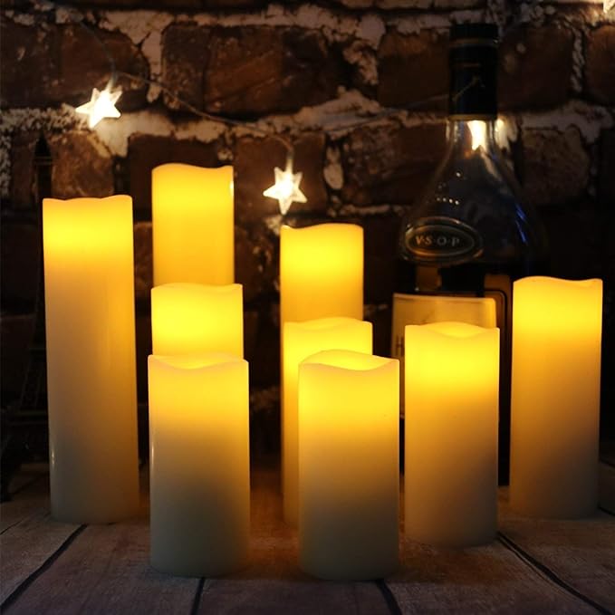 Flameless Flickering Battery Operated Candles 4" 5" 6" 7" 8" 9" Set of 9 Ivory Real Wax Pillar LED Candles with 10-Key Remote and Cycling 24 Hours Timer (Ivory)