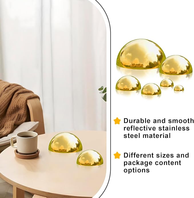 Nerien Gazing Ball, Stainless Steel Garden Mirror Globe, Polished Ornament Sphere, Hollow Floating Reflective Hemisphere, for Home Outdoor Pond Housewarming Swimming Pool Decoration, Gold, 6Pcs Mix