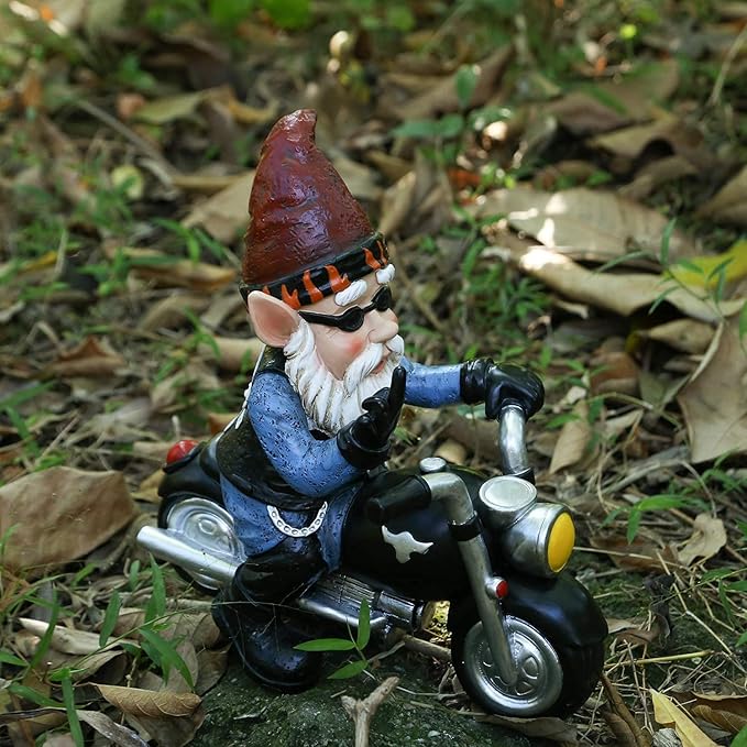 Garden Gnome Riding Motorcycle Funny Outdoor Gnome Decoration Indoor Outdoor Lawn Figurines for Home Yard Décor, Medium