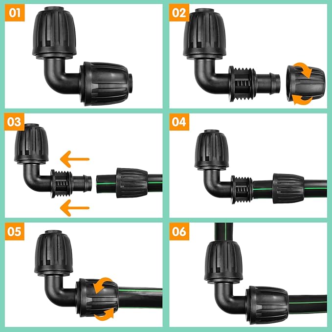 Drip Irrigation Fittings for 1/2 inch Tubing (0.60"-0.63" OD), 12 Pieces Barbed Elbow Drip Parts Locked Elbow Connectors, Drip Line Nuts Connectors for 1/2" Drip Irrigation Hose(Black)