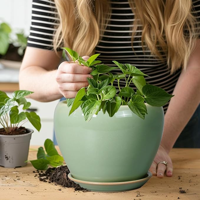 8 Inch Plant Pot - Ceramic Planter for Outdoor Plants Indoor Plant Pot with Drainage Hole and Saucer Mid-Century Round Planter Flower Pot for House Garden Green