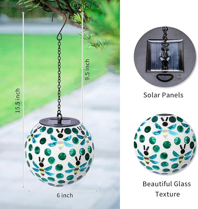 VCUTEKA Solar Chandelier Outdoor, Hanging Mosaic SolarLights with Hook Up, Solar Garden Lantern Decor for Yard, Deck and Patio, Green
