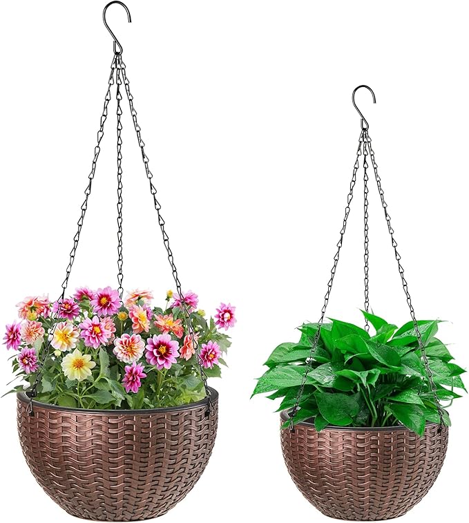 Foraineam 2-Pack Dual-pots Design Hanging Basket Planters Self-Watering Indoor Outdoor Plant & Flower Hanging Pots with Drainer and Chain, 2 Size Assorted
