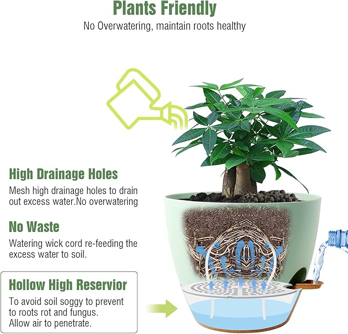 12 inch Large Self Watering Pots, Plastic Planters with 60oZ Removable Deep Reservoir and Multi Mesh Drainage Holes for Indoor Outdoor Garden Plants and Flowers, Green with Brown