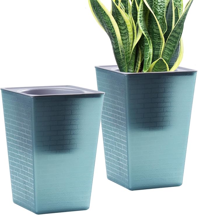 Self Watering Planter 2 Pieces 6 Inch, Plastic Flower Pots with Inner Pot Indoor Plants Brick Pattern Flowerpot for Indoor Plants, African Violets, Flowers, Herbs (Blue)