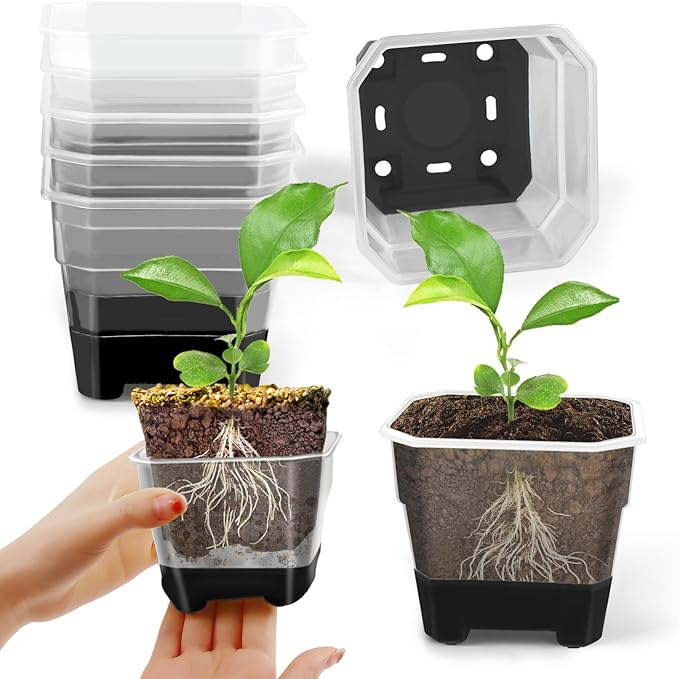 30 Packs 4 Inch Reinforced Clear Nursery Pots for Plants, Plastic Plant Pots with Silicone Base for Easy Transplant, Reusable Seedling Planting Pots Seed Starter with Drainage Holes (30, Black)