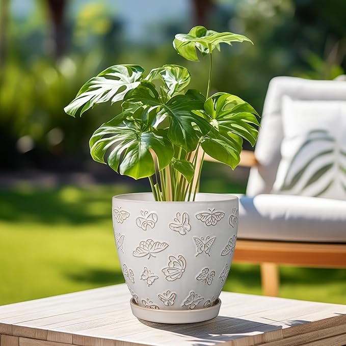 Ceramic Planter 8 Inch - White Plant Pot with Drainage Hole and Saucer Modern Flower Pot for Indoor Outdoor Plants