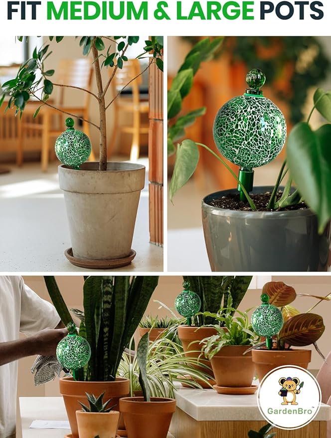 16 Oz Plant Watering Globes For Indoor Plants With Metal Self Watering Planter Insert - Premium XL Glass Hand-blown Globes - Automatic Indoor Planter Waterer, Gift Idea For Gardeners [1, Mosaic]