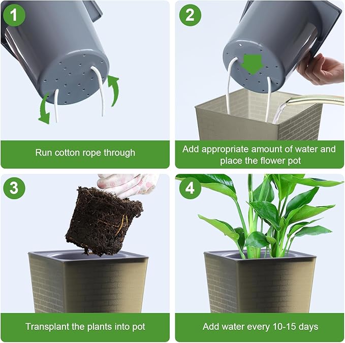 Self Watering Planter 4 Pieces 6 Inch, Plastic Flower Pots with Inner Pot Indoor Plants Brick Pattern Flowerpot for Indoor Plants, African Violets, Flowers, Herbs