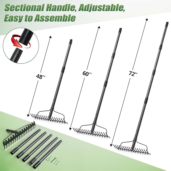 Garden Rake, 6FT Bow Rake Heavy Duty Leveling Rake with Adjustable Handle, 17 Tines Wide Head Metal Thatch Rake for Gardening Leaves Lawn Yard Mulch Rake