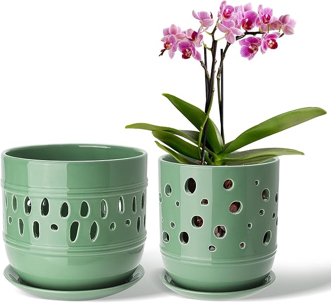 Ceramic Orchid Pot, 5+6 Inch Orchid Pots with Holes, Promoting Air Circulation and Drainage, Indoor/Outdoor Flower Pots - Pea Green