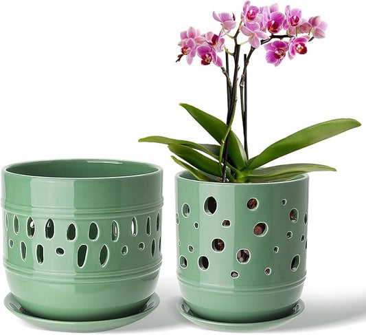 Ceramic Orchid Pot, 5+6 Inch Orchid Pots with Holes, Promoting Air Circulation and Drainage, Indoor/Outdoor Flower Pots - Pea Green