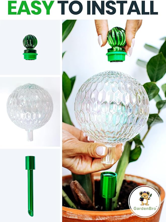 16 Oz Plant Watering Globes For Indoor Plants With Metal Self Watering Planter Insert - Premium XL Glass Hand-blown Globes - Automatic Indoor Planter Waterer, Gift Idea For Gardeners [1, Textured ]
