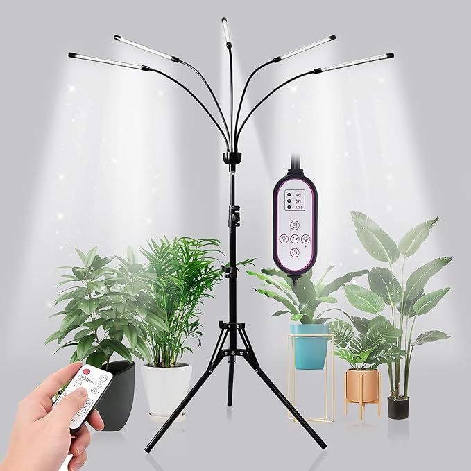 KEELIXIN Grow Lights for Indoor Plants (White), 5-Head Adjustable LED Plant Lights, Full Spectrum Lamp with Timer for Various Plants