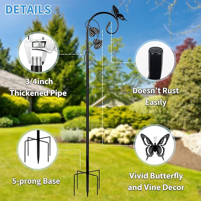Shepherds Hooks for Outdoor Hummingbird Bird Feeder Pole Hanger 67 Inches with 5 Prongs Base Stainless Metal Adjustable Garden Hanging Holder Weddings Garden Decor Butterfly 2-Pack Black