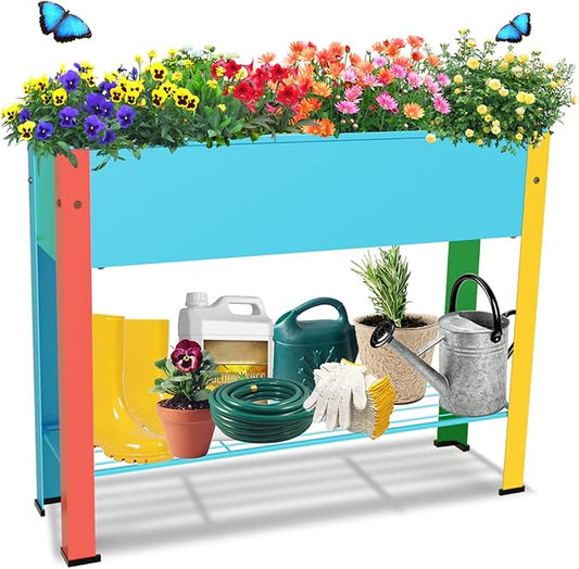 aboxoo Colorful Large Planter Raised Beds with Legs Outdoor Metal Planter Box on Wheels Elevated Garden Bed for Vegetables Flower Herb Patio