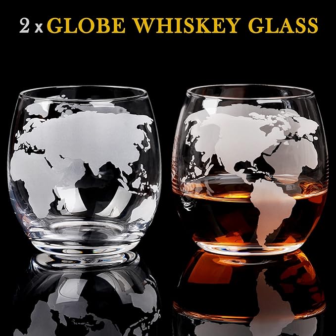 Gifts for Men Dad Fathers Day, PONPUR Whiskey Decanter Globe Set with 2 Ball Stones & 2 Glasses, Anniversary Birthday Gifts for Him Husband Boyfriend Brother, Cool Stuff Gift for Bourbon Scotch