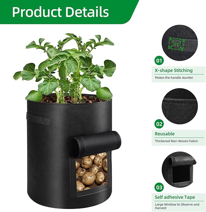 6 Pack 10 Gallon Potato Grow Bags with Flap Window, Garden Planting Bag with Durable Handle, Plant Pots for Tomato, Vegetable and Fruits