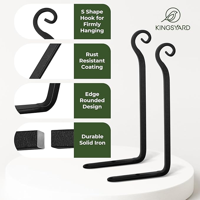 Kingsyard 2-Pack Wall Plant Hanger Outdoor - Heavy Duty Metal Hanging Bracket Hooks for Hanging Plant Bird Feeders Lanterns Wind Chimes Outdoor & Indoor, 10-Inch/Black