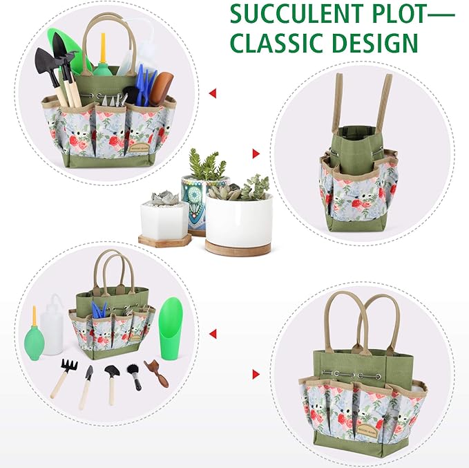 G GOOD GAIN Garden Succulent Kit with Organizer Bag, 14 Pieces Succulent Tools, Indoor Mini Hand Gardening Tools Set with Carrier for Bonsai Planter Miniature Fairy Planting Care(Rose)