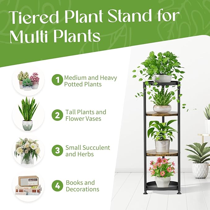 iDavosic.ly 4 Tier Corner Plant Stand Indoor, 45 Inch Tall Vertical Metal Flower Heavy Duty Pot Holder Shelf Outdoor for Patio Porch Living Room, Modern Black & Rustic Brown - Round