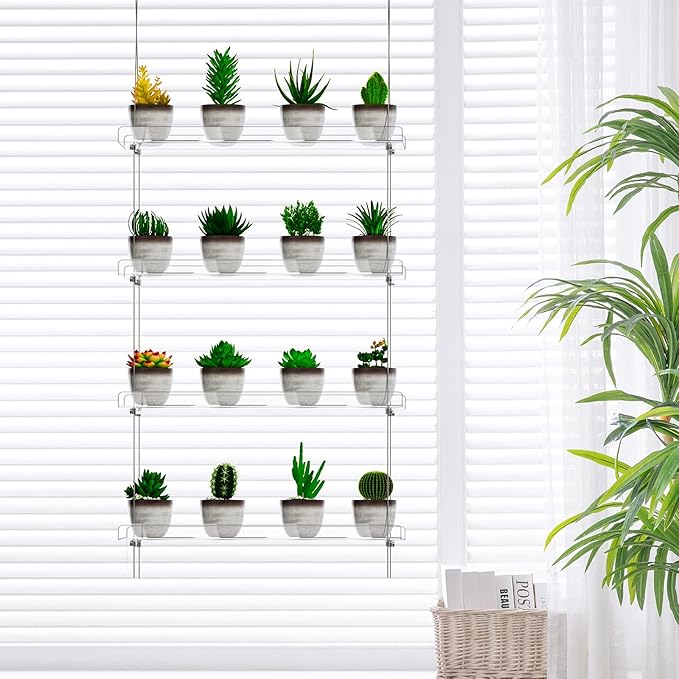 4-TierClear Plant Shelves, Height Adjustable Hanging Acrylic Indoor Wall Hanging Plant Stand Flower Display, Flower Pot Organizer Storage for Window Grow Herbs, Microgreens, Succulents, 16 Inch