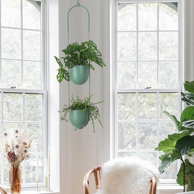 Metal Hanging Planters 2 Tiers Indoor Outdoor Modern Plant Hangers Wall Ceiling Hanging Flower Pots Baskets Kitchen Room Decor(Green)