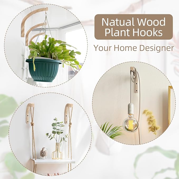 Macrame Plant Hanger for Indoor Hanging Plants, Hanging Planters for Indoor Plants, 2 Pack Wooden Wall Mounted Hanging Plant Bracket Hooks for Flower Pots Lanterns Wind Chime Light, Decoration