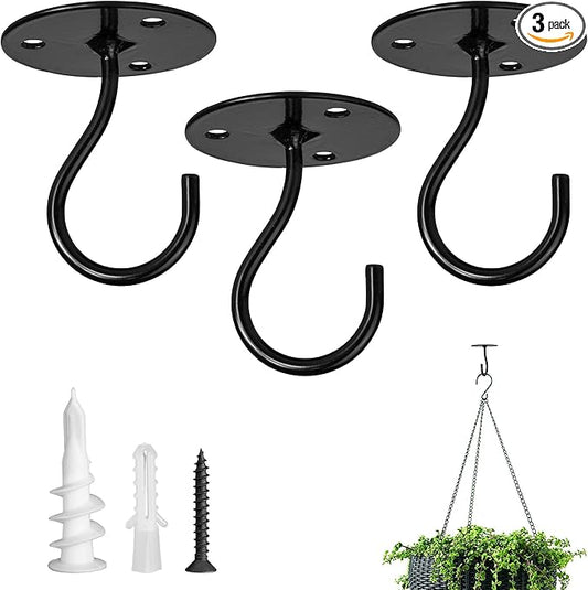 Ceiling Hooks for Hanging Plants-Heavy Duty Wall Mount Hanger Bracket for Hanging Bird Feeders, Lanterns, Wind Chimes, Planters, Outdoor Decoration (3 Pack) (Black)