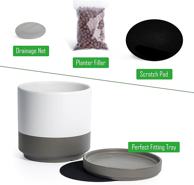 D'vine Dev Set of 2 Plants Pots, 10 Inch Ceramic Planter Pot for Plants with Drainage Hole and Saucer, White/Speckled Grey, 94-V-E-6