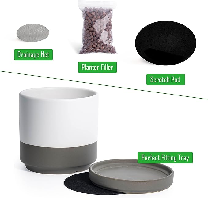 D'vine Dev Set of 2 Plants Pots, 4.6 Inch Ceramic Planter Pot for Plants with Drainage Hole and Saucer, White/Speckled Grey, 94-V-B-6