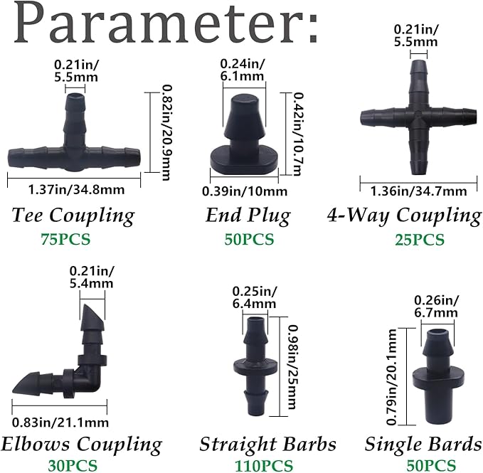 340PCS 1/4" Drip Irrigation Kit Barbed Connectors, Straight Barb, Tee, Single Barb, End Plug, Elbow, 4 Way Coupling Irrigation Fittings for Garden Lawn Flower Pot